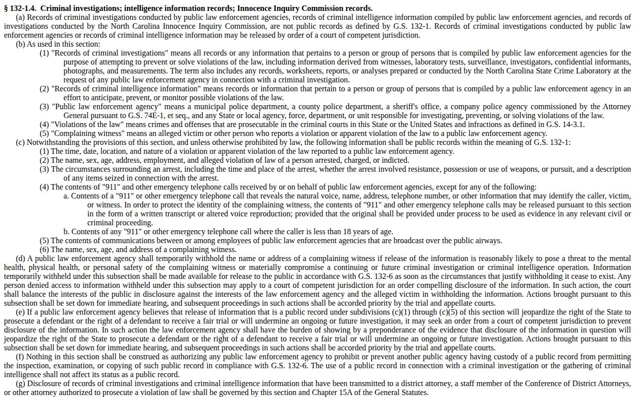 North Carolina General Assembly criminal investigation records statute page